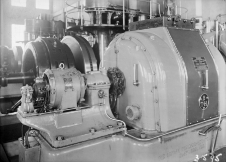 Kingston Power Station. BTH Curtis 1500kW Turbo Alternator. Installed Oct 1927. Bellis and Morcom steam engines in background.