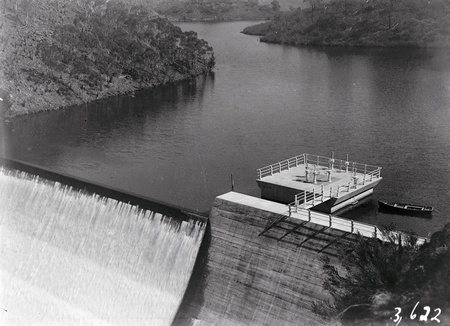 Cotter Dam showing wall, valve tower and dam.