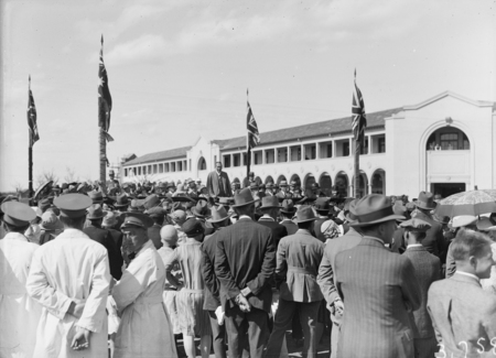 Formal opening of Civic Centre by Prime Minister S.M.Bruce. Part of the crowd in front of the Sydney Building.