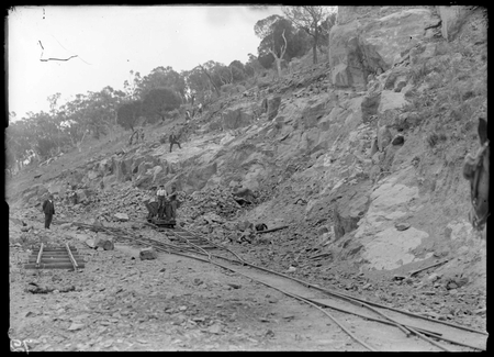 Mugga quarry, narrow gauge tram tracks to quarry face.