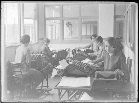 FCC [Federal Capital Commission] Burroughs comptometer operators, Jean Marriott, Kath Dalton (nee Frizell), Lillian Edwards, Sheila Keating.