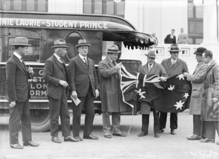 Federal Capital Commissioners with the promotors of the Metro Goldwyn Mayer Trackless Train outside Parliament House.