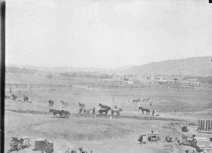 Horse teams at work landscaping between Parliament House and Hotel Canberra