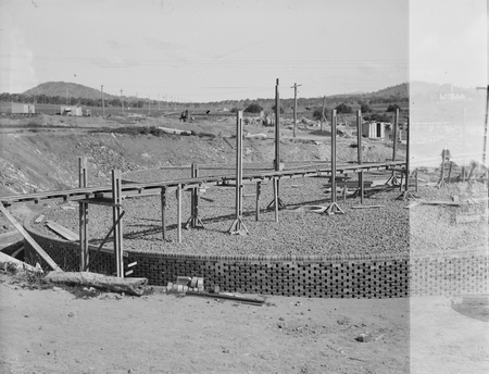 Weston Creek Sewerage Treatment Works. Trickling filters being filled with screenings.