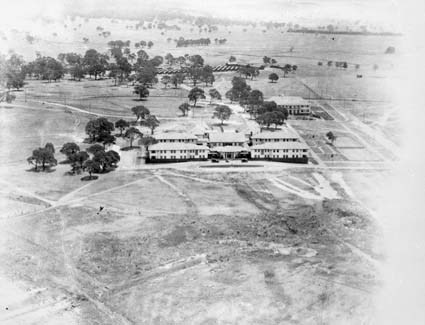 Aerial view over  Hotel Acton, Kendall Street and Beauchamp House in Marcus Clarke Street,Acton