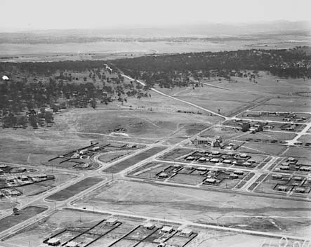 Ariel view over Braddon looking east along Limestone Avenue.Hotel Ainslie in centre