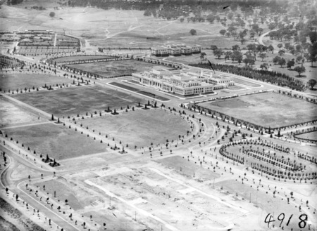 Aerial view over Parliament House, East Block and Hotel Kurrajong. Treasury building foundations in front, from the north east.