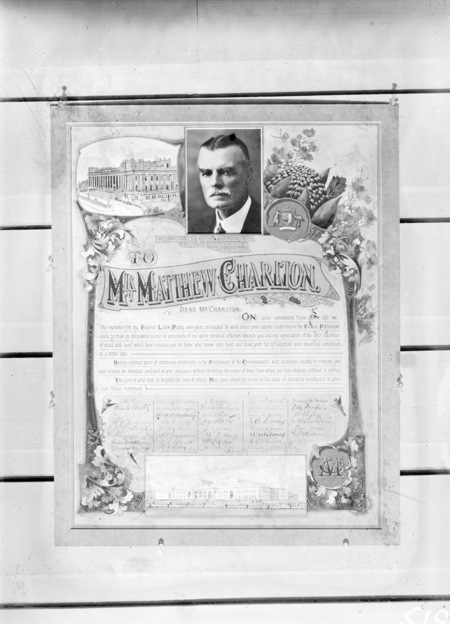 Copy of the Address by the Federal Labor Party to Mr Mathew Charlton on his retirement after 18 years in Federal Parliament.