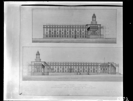 North-East and North-West elevations of Proposed Building for Government Printing Office and Departments, Wentworth Avenue, Kingston. Drawing AC 2016 and AC 2017.