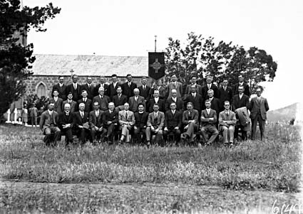 Group of men at St John's Church, Constitution Avenue, Reid