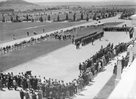 Armistice Day Ceremony with the Royal Military College Cadets on parade in front of Parliament House. View from the roof of Parliament House.
