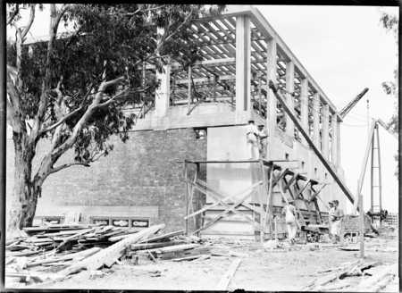 Australian Institute of Anatomy under construction. Sandstone facing being fitted. McCoy Circle, Acton