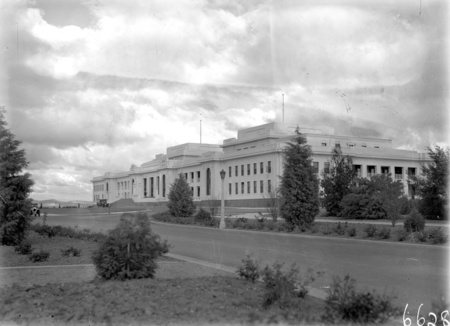 Front of Parliament House from the north, trees well advanced.
