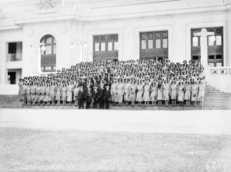 Group photograph of Young Australia League Party in front of Parliament House.