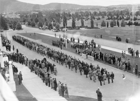 Anzac Day 1933. Returned Servicemen marching past the Govenor General, Sir Isaac Isaacs, in front of Parliament House.