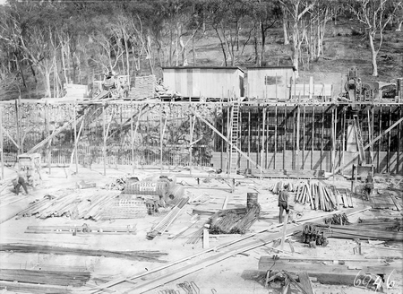 Excavation for Black Mountain reservoir showing steel reinforcement and concrete form work.