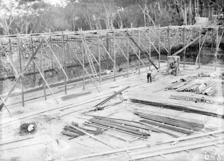 Excavation for Black Mountain reservoir showing steel reinforcement and concrete form work.