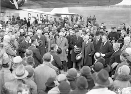 Visit of Imperial Airways Airliner ASTRAEA on a survey flight for proposed air mail service. Distinguished visitors being formally welcomed by Sir George Pearce, Minister for Defence.