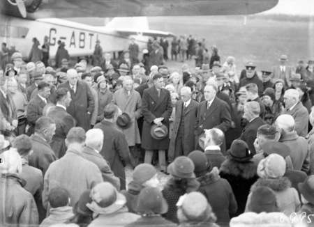 Visit of Imperial Airways Airliner ASTRAEA on a survey flight for proposed air mail service. Distinguished visitors being formally welcomed by  Sir George Pearce, Minister for Defence.