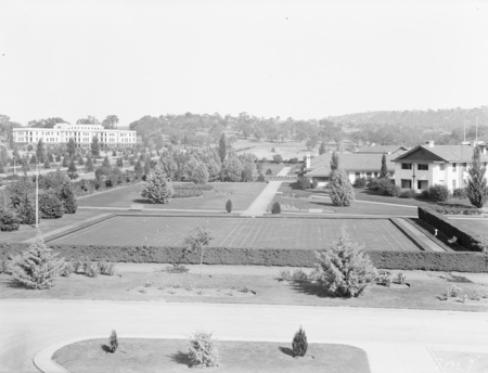 Hotel Canberra and West Block Offices from Albert Hall, croquet lawn in front.