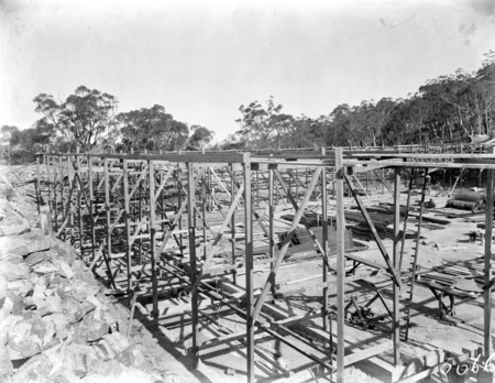  Black Mountain Reservoir excavation. Formwork and reinforcement being installed ready for concreting.