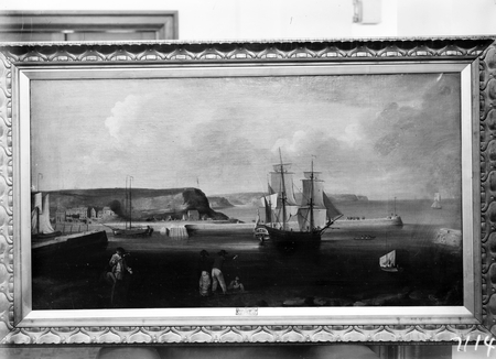Photograph of a painting of a harbour and a sailing ship.