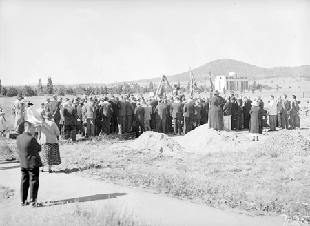 Foundation Stone ceremony for Masonic Lodge Canberra. 'This Stone Was Laid By Most Worshipful Brother William Thompson PGM on November 23 1935, National Circuit, Barton. National Library on right.