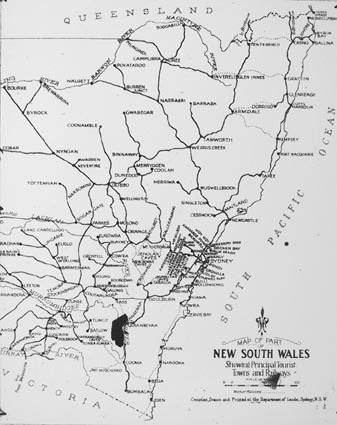 Photo of map of the Eastern part of NSW showing principal tourist towns and railways