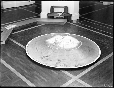 Model of a relief map of the Antarctic continent. Progress of exploration in the Antarctic on display in Parliament House. Presented by Sir Macpherson Robertson.