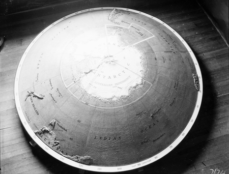 Model of a relief map of the Antarctic continent. Progress of exploration in the Antarctic on display in Parliament House. Shows Australian Dependency.  Presented by Sir Macpherson Robertson.