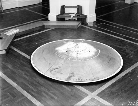 Model of a relief map of the Antarctic continent. Progress of exploration in the Antarctic on display in Parliament House. Presented by Sir Macpherson Robertson.