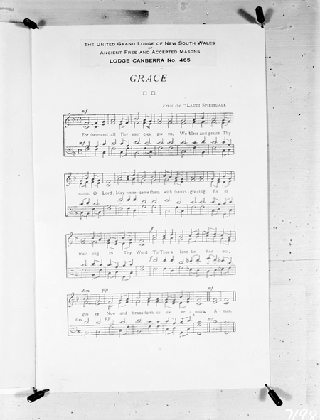 Words and music for a Masonic grace. Lodge Canberra 465.