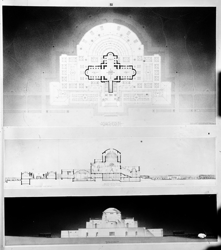 Plan and perspective of Hall of Memory for proposed War Memorial.