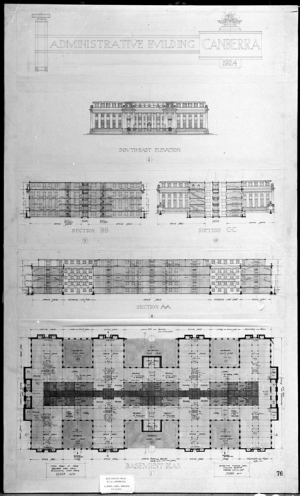 Plans for Administrative Building Canberra 1924. South East Elevation, sections and basement plan.