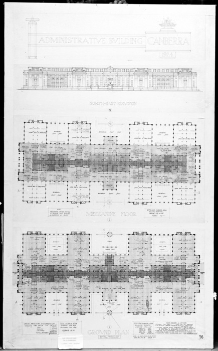 Plans for Administrative Building Canberra 1924. North West elevation, mezzanine and ground floor plans.