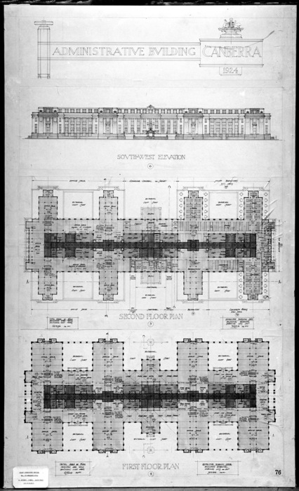 Plans for Administrative Building Canberra 1924. South West elevation. First and second floor plans.