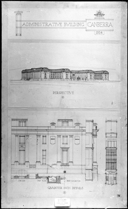 Plans for Administrative Building Canberra 1924. Perspective and quarter inch details.