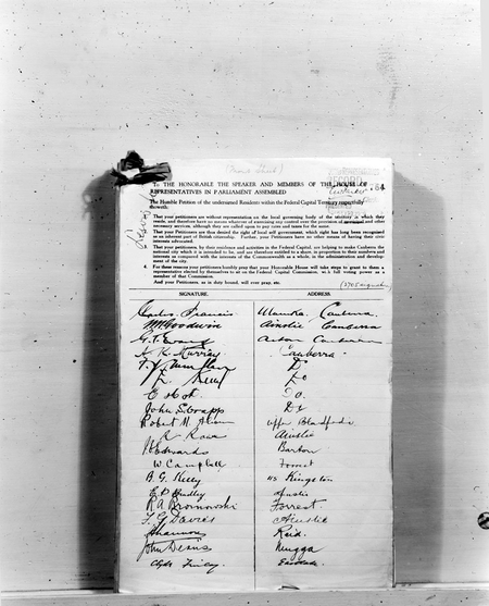 Photo of a petition by Canberra Residents for a Member for the Territory to represent them in Parliament.