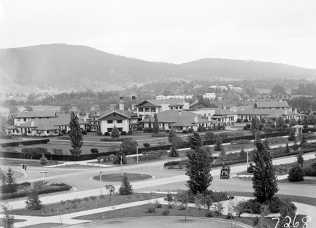 Hotel Canberra and Commonwealth Avenue from West Block, Black Mountain at the rear.