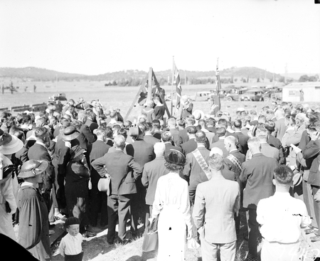 Foundation Stone ceremony for Masonic Lodge Canberra 'This Stone Was Laid By Most Worshipful Brother William Thompson PGM On November 23 1935. National Circuit, Barton. National Library on right.
