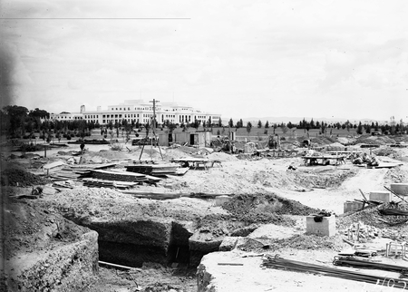 Parliament House from east with foundations for the Administrative Building.