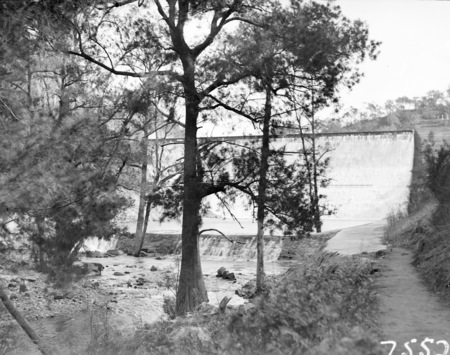 Cotter Dam wall, spillway and stilling pond viewed thru Casuarina trees.