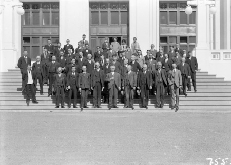 Parliament House staff on the front steps of Parliament House.