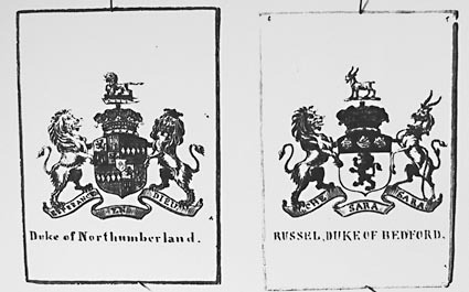 Photos of a collection of English Coats of Arms.Duke of Northumberland and Russel, Duke of Bedford