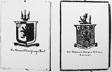 Photos of a collection of English Coats of Arms. Sir Thomas Champneys Bart and Sir Thomas Maryon Wilson, Baronet