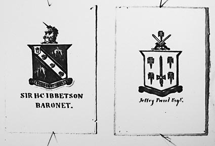 Photos of a collection of English Coats of Arms. Sir H C Ibbetson, Baronet and Jeffry Paul, Esq