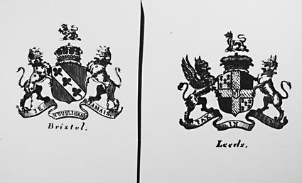 Photos of a collection of English Coats of Arms. Bristol and Leeds