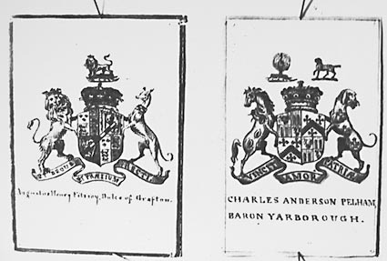 Photos of a collection of English Coats of Arms. Augustus Henry Fitzroy, Duke of Grafton and Charles Anderson Pelham, Baron Yarborough
