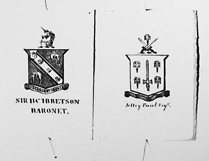 Photos of a collection of English Coats of Arms. Sir H C Ibbetson, Baronet and Jeffry Paul, Esq