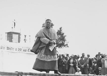 Catholic pilgrimage to Canberra - The Bishop addressing the crowd before the Altar